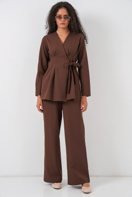 Kadın Kimono Pantolon Kumaş Takım 30054 - Kahverengi - 1