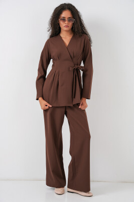 Kadın Kimono Pantolon Kumaş Takım 30054 - Kahverengi - 2