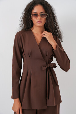 Kadın Kimono Pantolon Kumaş Takım 30054 - Kahverengi - 3