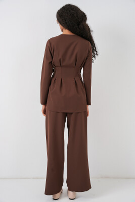 Kadın Kimono Pantolon Kumaş Takım 30054 - Kahverengi - 5