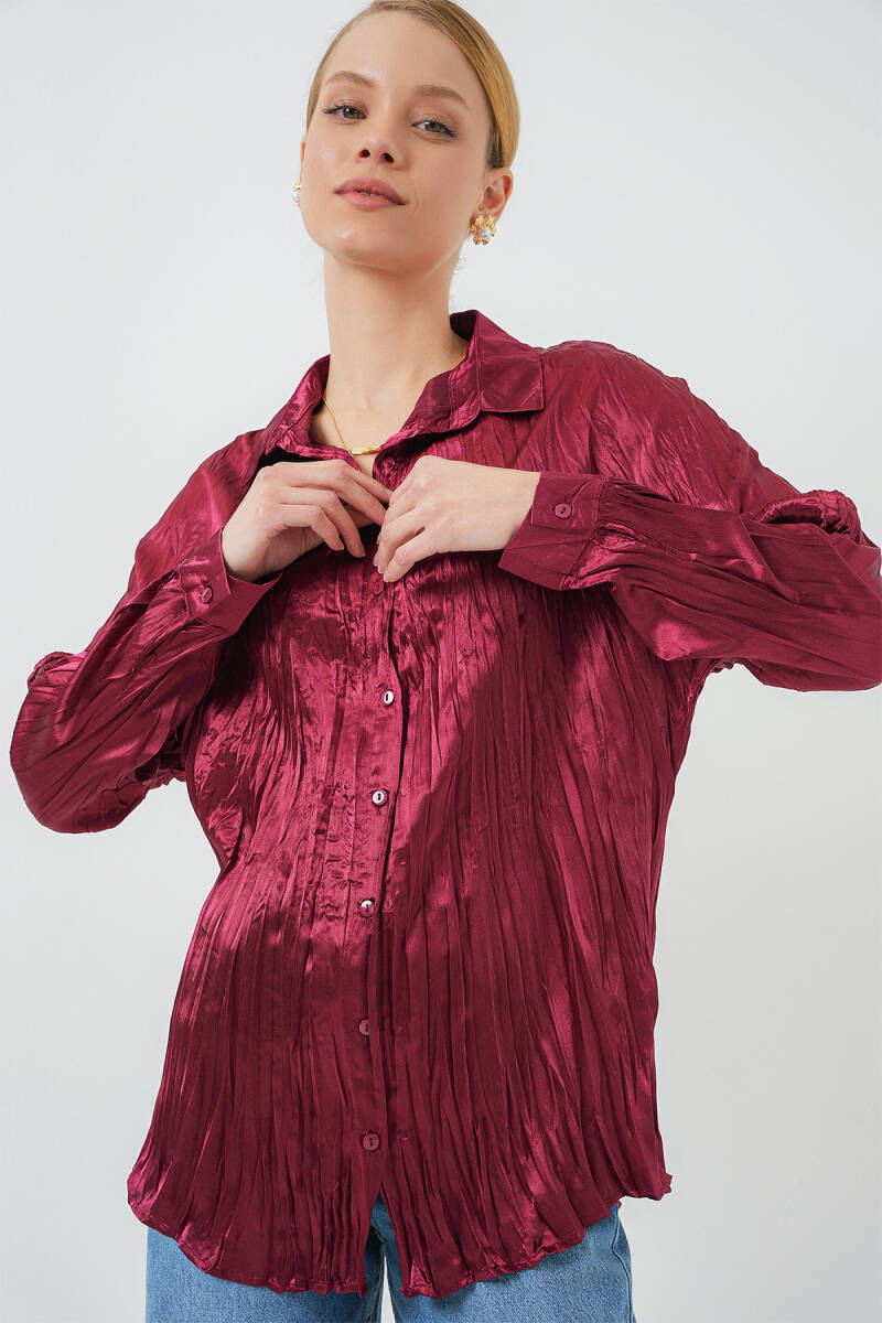 Kadın Kırışık Saten Gömlek 20316 - Bordo - BİGDART