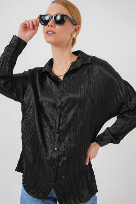 Kadın Kırışık Saten Gömlek 20316 - Siyah 