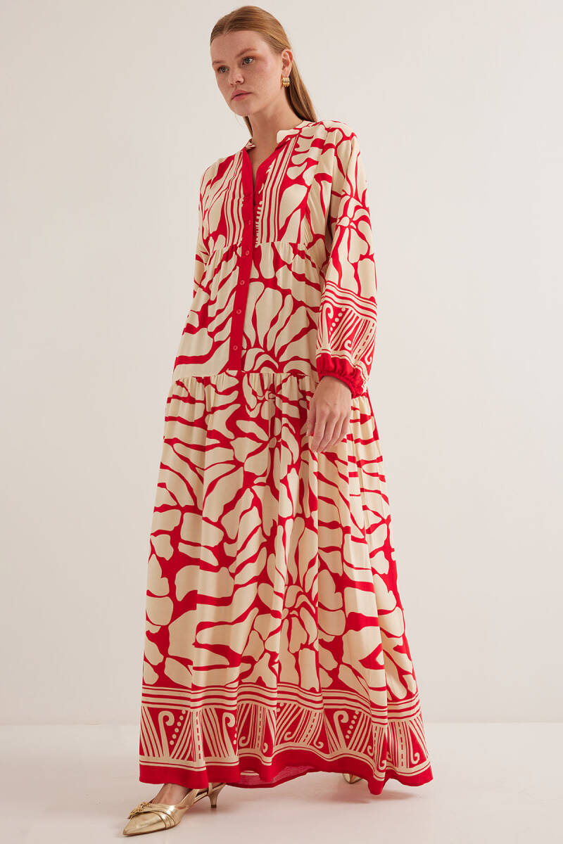 Kadın Kırmızı Bej Viskon Tesettür Elbise 2423 - BİGDART