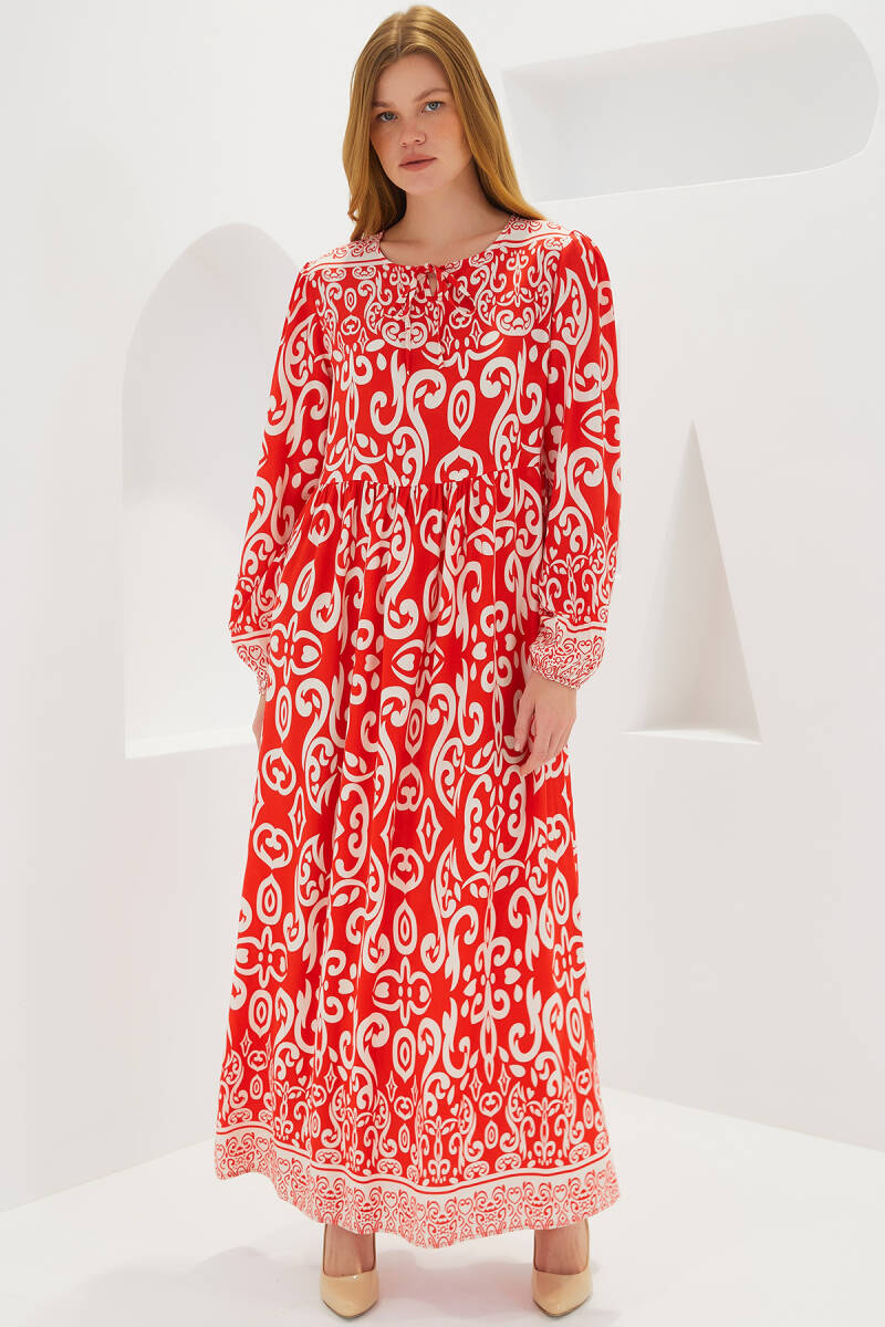 Kadın Kırmızı Desenli Uzun Viskon Elbise 1947 - BİGDART