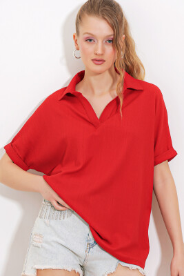 Kadın Kırmızı Oversize Polo Yaka Örme Bluz 0486 