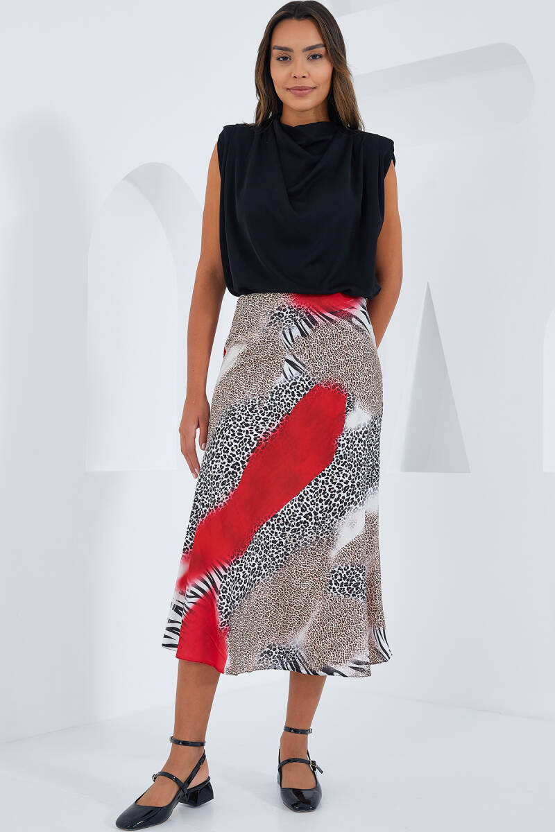 Kadın Kırmızı Siyah Desenli Saten Etek 15806 - BİGDART