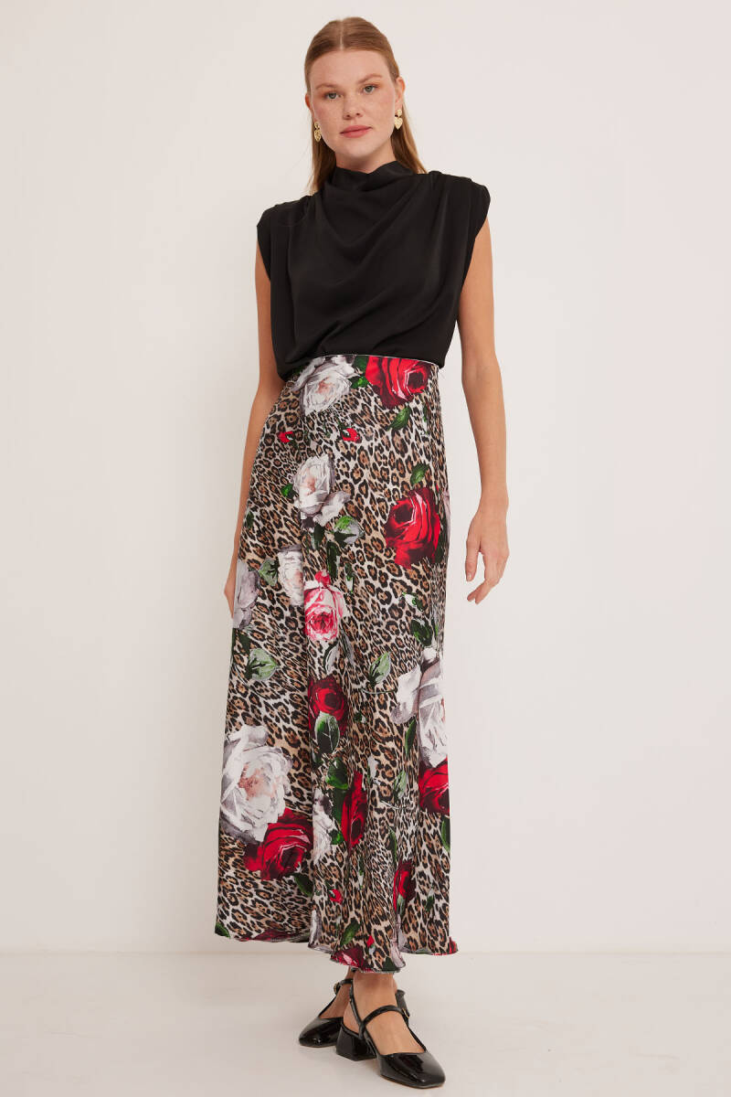 Kadın Kırmızı Siyah Desenli Saten Etek 15877 - BİGDART