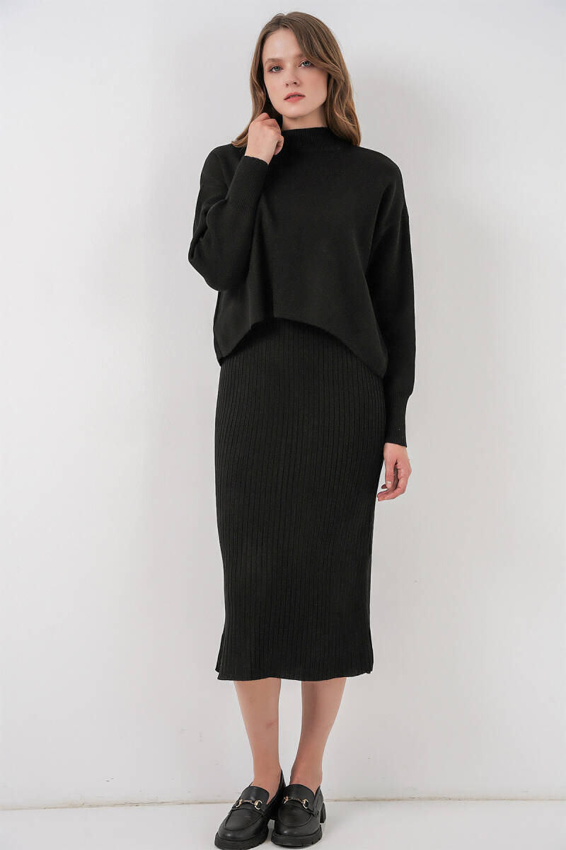 Kadın Kısa Kazaklı Triko Elbise 15958 - Siyah - BİGDART