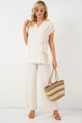 Kadın Kısa Kol Bağcıklı Ayrobin İkili Takım 6741 - Krem 