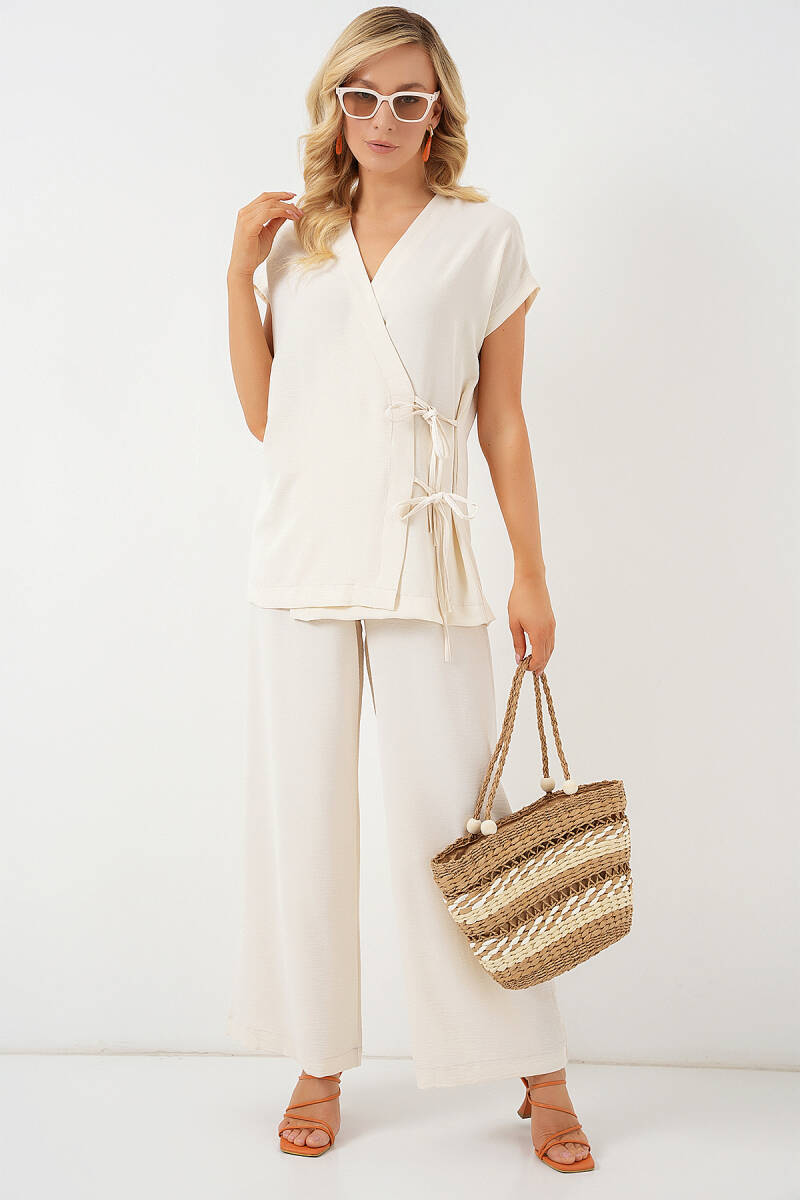 Kadın Kısa Kol Bağcıklı Ayrobin İkili Takım 6741 - Krem - BİGDART