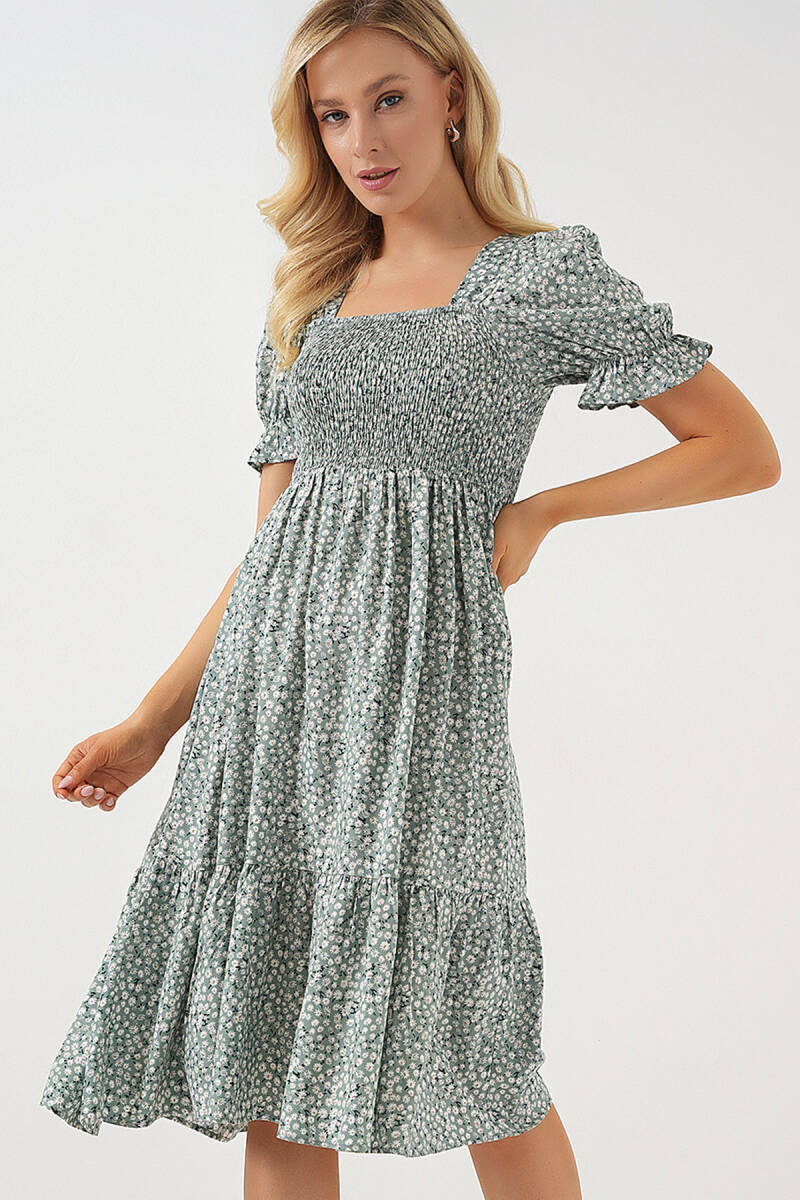 Kadın Kısa Kol Çiçekli Elbise 2556 - Mint - BİGDART