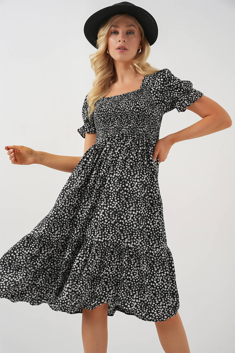 Kadın Kısa Kol Çiçekli Elbise 2556 - Siyah - BİGDART