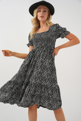 Kadın Kısa Kol Çiçekli Elbise 2556 - Siyah - BİGDART