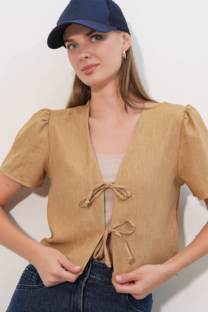 Kadın Kısa Kol Crop Bluz 958 - Camel - BİGDART