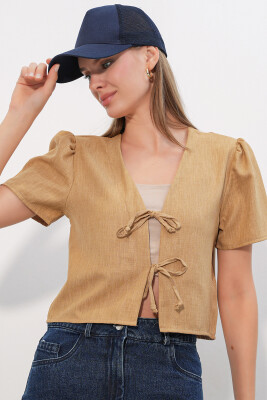 Kadın Kısa Kol Crop Bluz 958 - Camel - 4