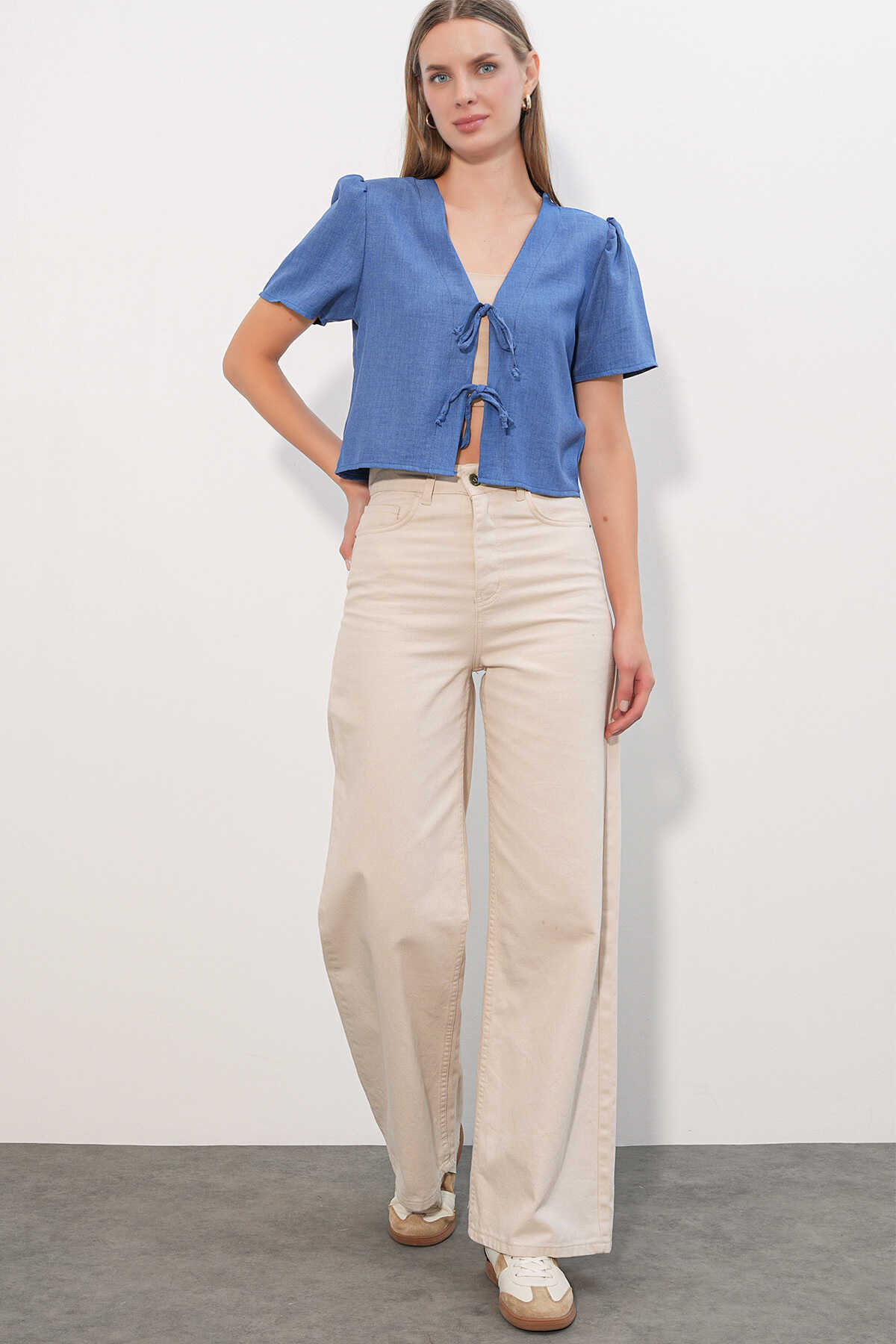 Kadın Kısa Kol Crop Bluz 958 - İndigo - 2