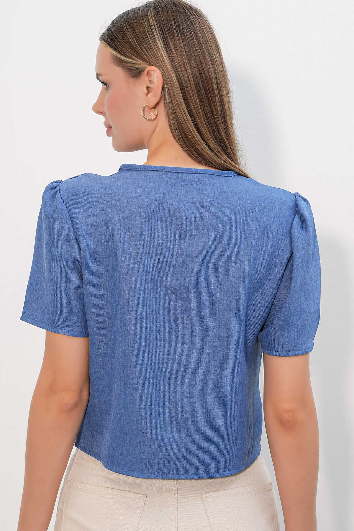 Kadın Kısa Kol Crop Bluz 958 - İndigo - 6
