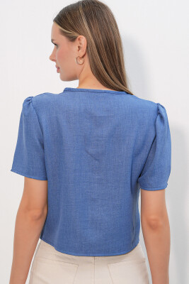 Kadın Kısa Kol Crop Bluz 958 - İndigo - 6