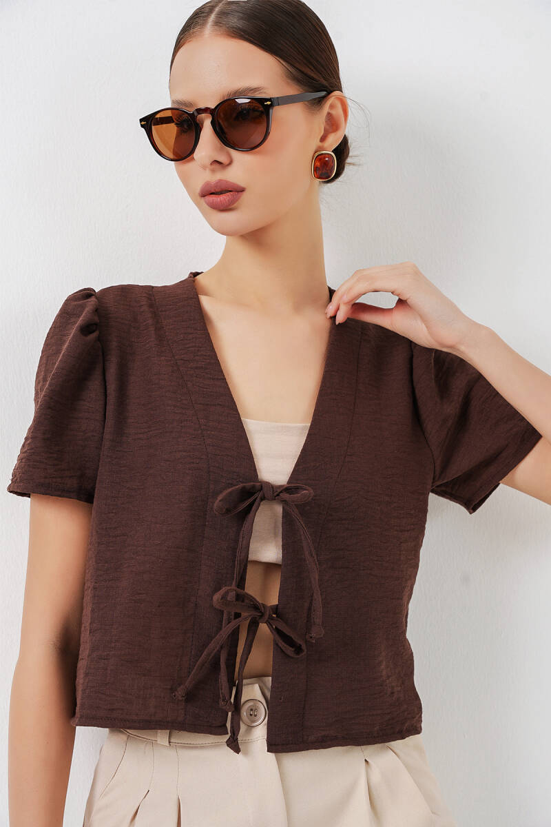 Kadın Kısa Kol Crop Bluz 958 - Kahverengi - BİGDART