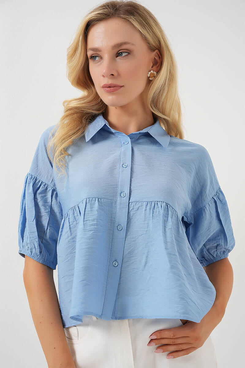 Kadın Kısa Kol Crop Gömlek 20335 - Mavi - BİGDART