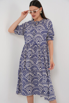 Kadın Kısa Kol Desenli Elbise 2553 - İndigo 