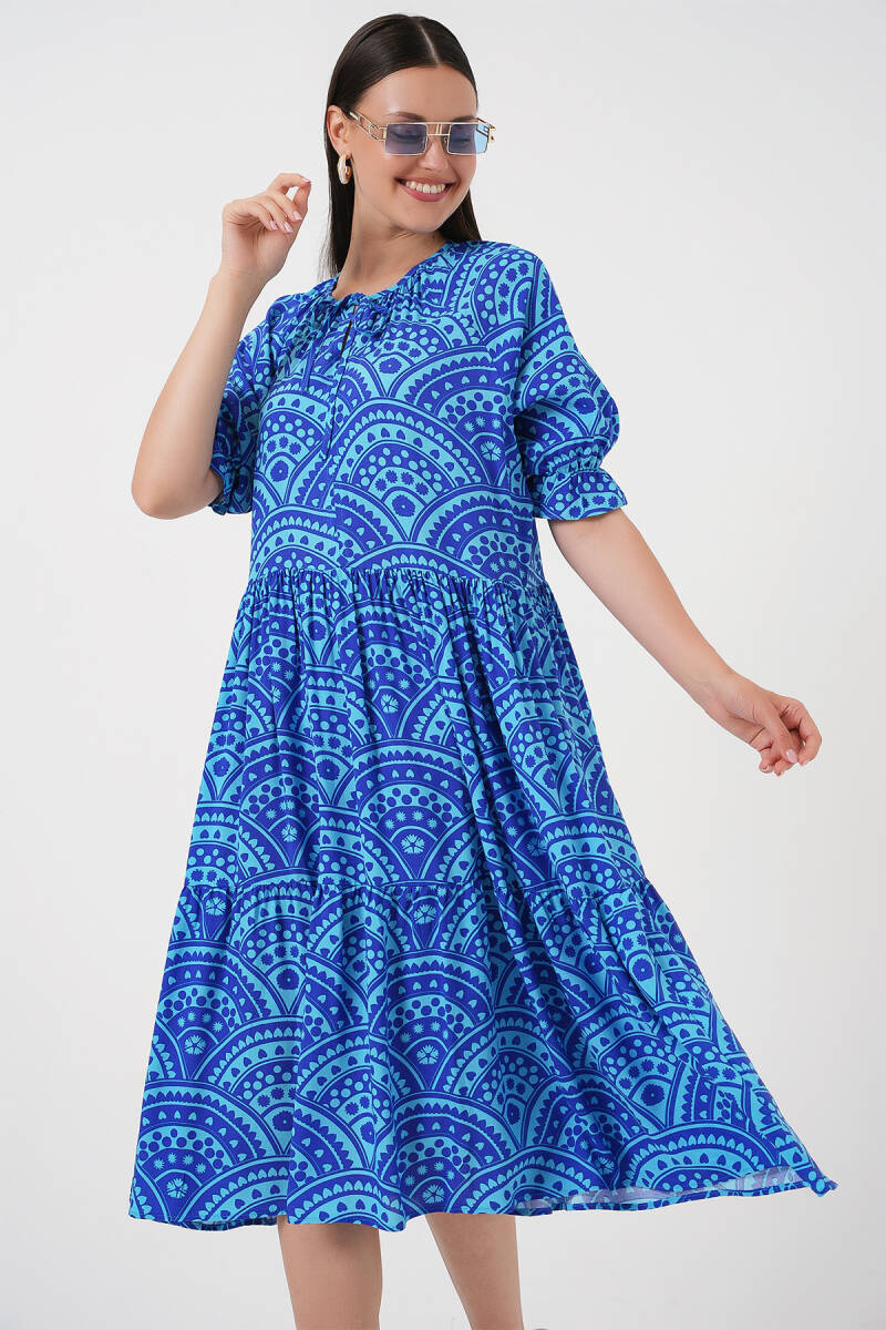 Kadın Kısa Kol Desenli Elbise 2553 - Saks - BİGDART