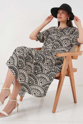 Kadın Kısa Kol Desenli Elbise 2553 - Siyah 