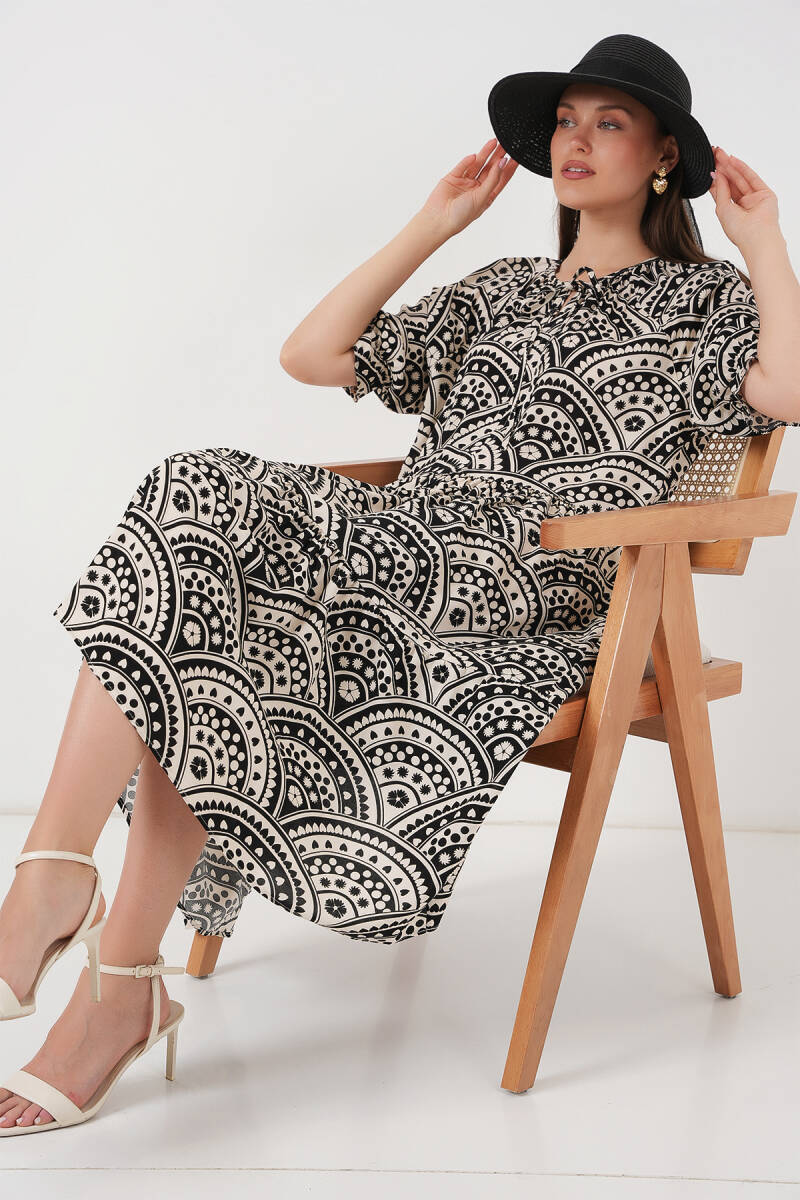 Kadın Kısa Kol Desenli Elbise 2553 - Siyah - BİGDART