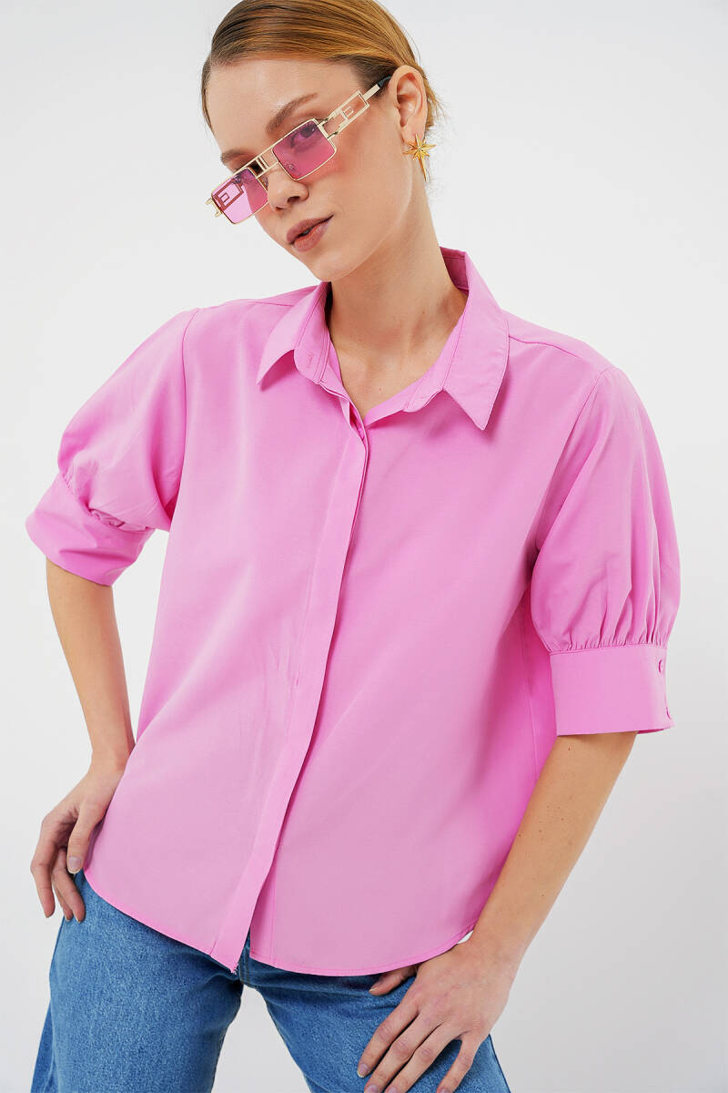 Kadın Kısa Kol Gömlek 20312 - Pembe - BİGDART