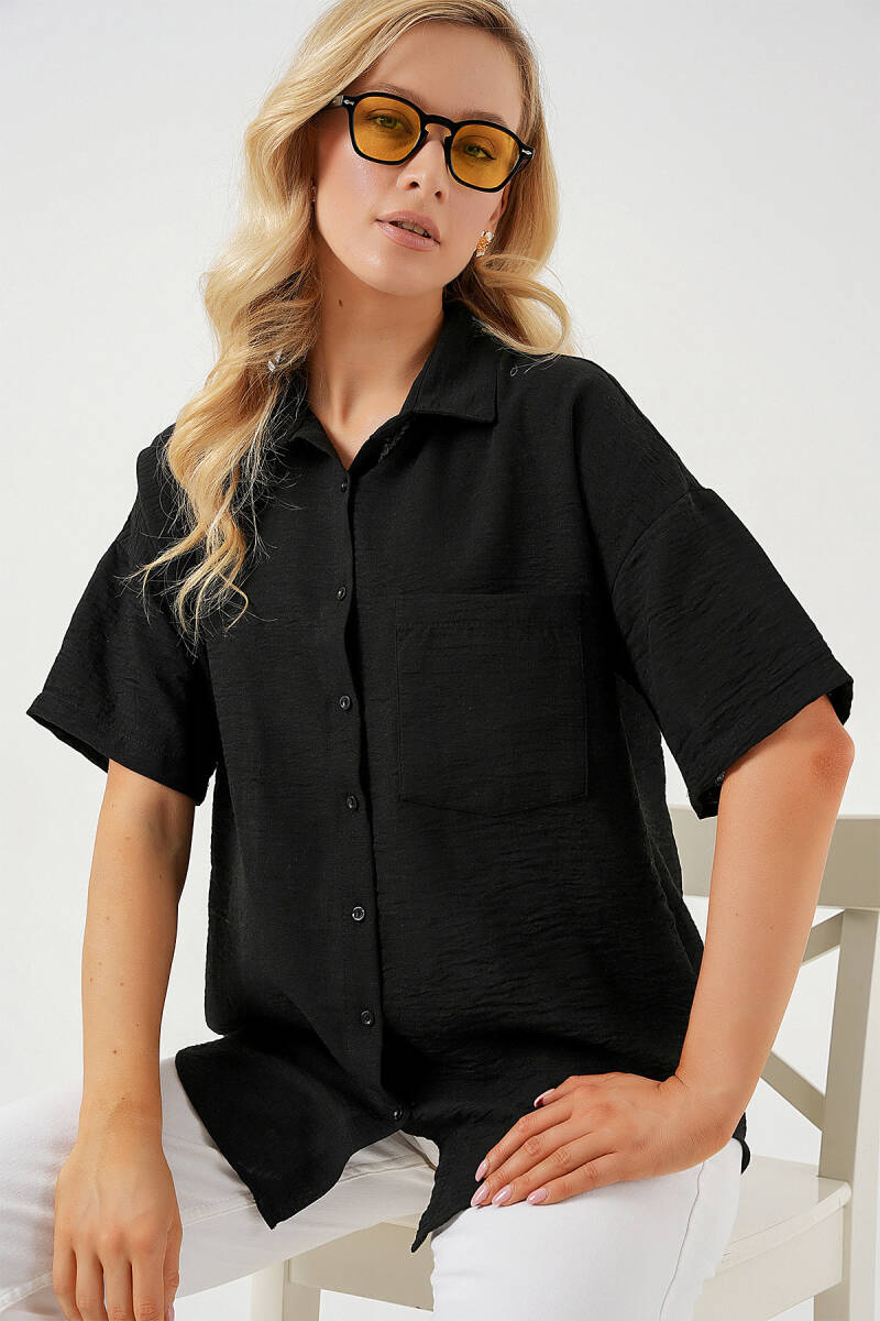 Kadın Kısa Kol Keten Görünümlü Gömlek 20336 - Siyah - BİGDART