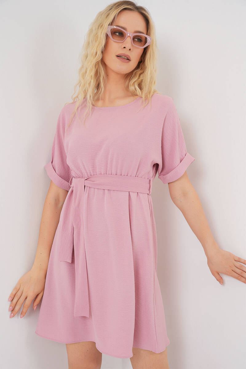 Kadın Kısa Kol Mini Ayrobin Elbise 2572 - Pudra - BİGDART