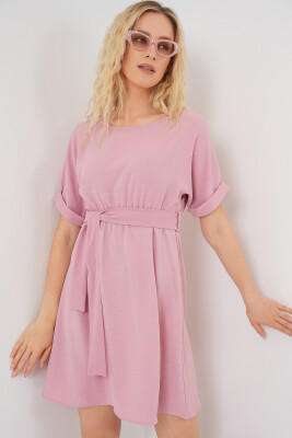Kadın Kısa Kol Mini Ayrobin Elbise 2572 - Pudra 