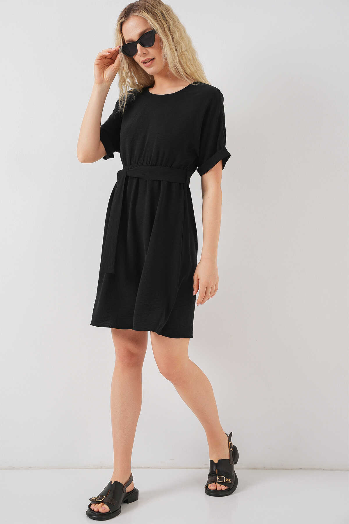 Kadın Kısa Kol Mini Ayrobin Elbise 2572 - Siyah - 6