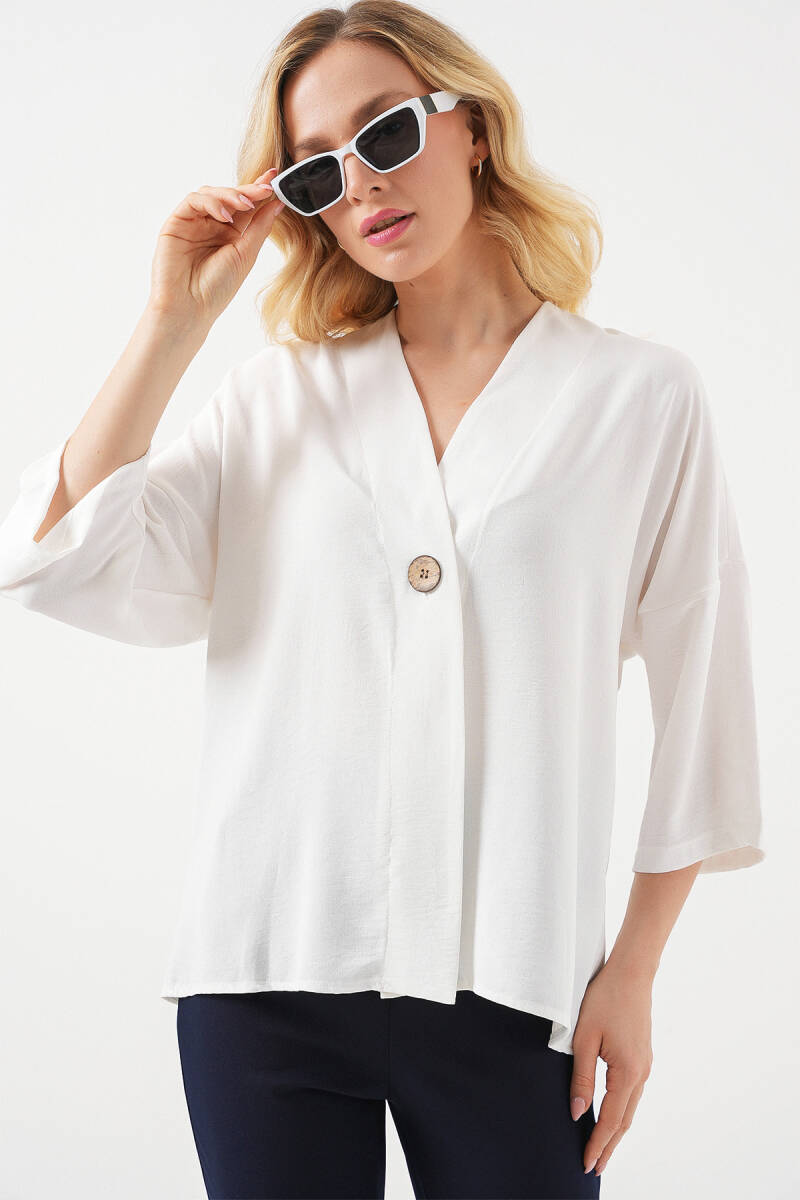 Kadın Kısa Kol Oversize Kimono 5969 - Beyaz - BİGDART