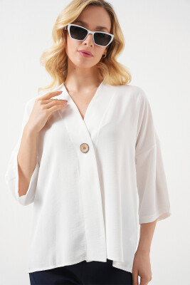 Kadın Kısa Kol Oversize Kimono 5969 - Beyaz - 4