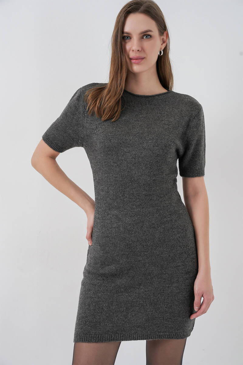 Kadın Kısa Kol Triko Elbise 15950 - Antrasit - BİGDART