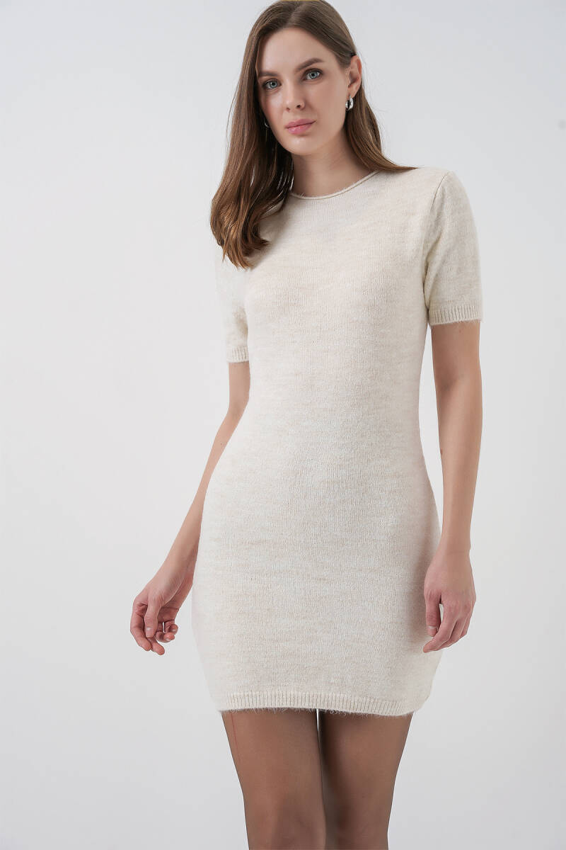 Kadın Kısa Kol Triko Elbise 15950 - Krem - BİGDART