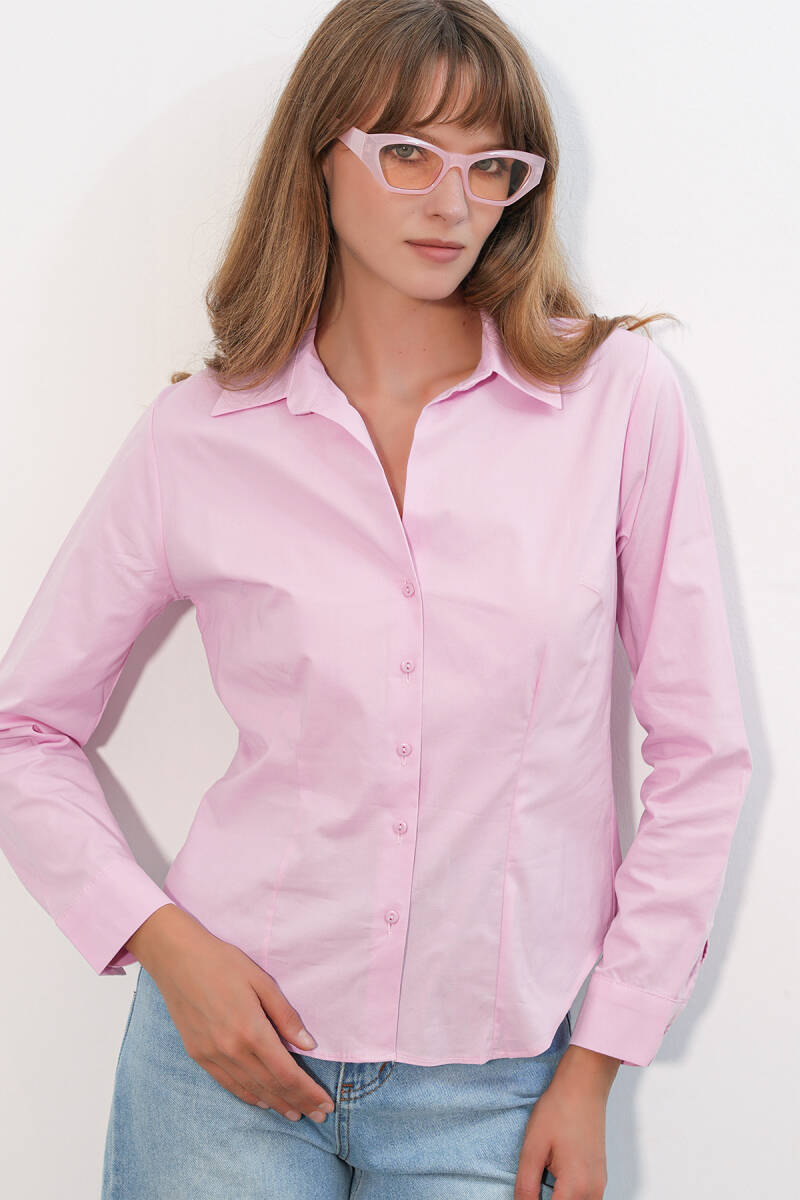 Kadın Klasik Yaka Basic Gömlek 20398 - Pembe - BİGDART