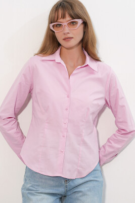 Kadın Klasik Yaka Basic Gömlek 20398 - Pembe - 4