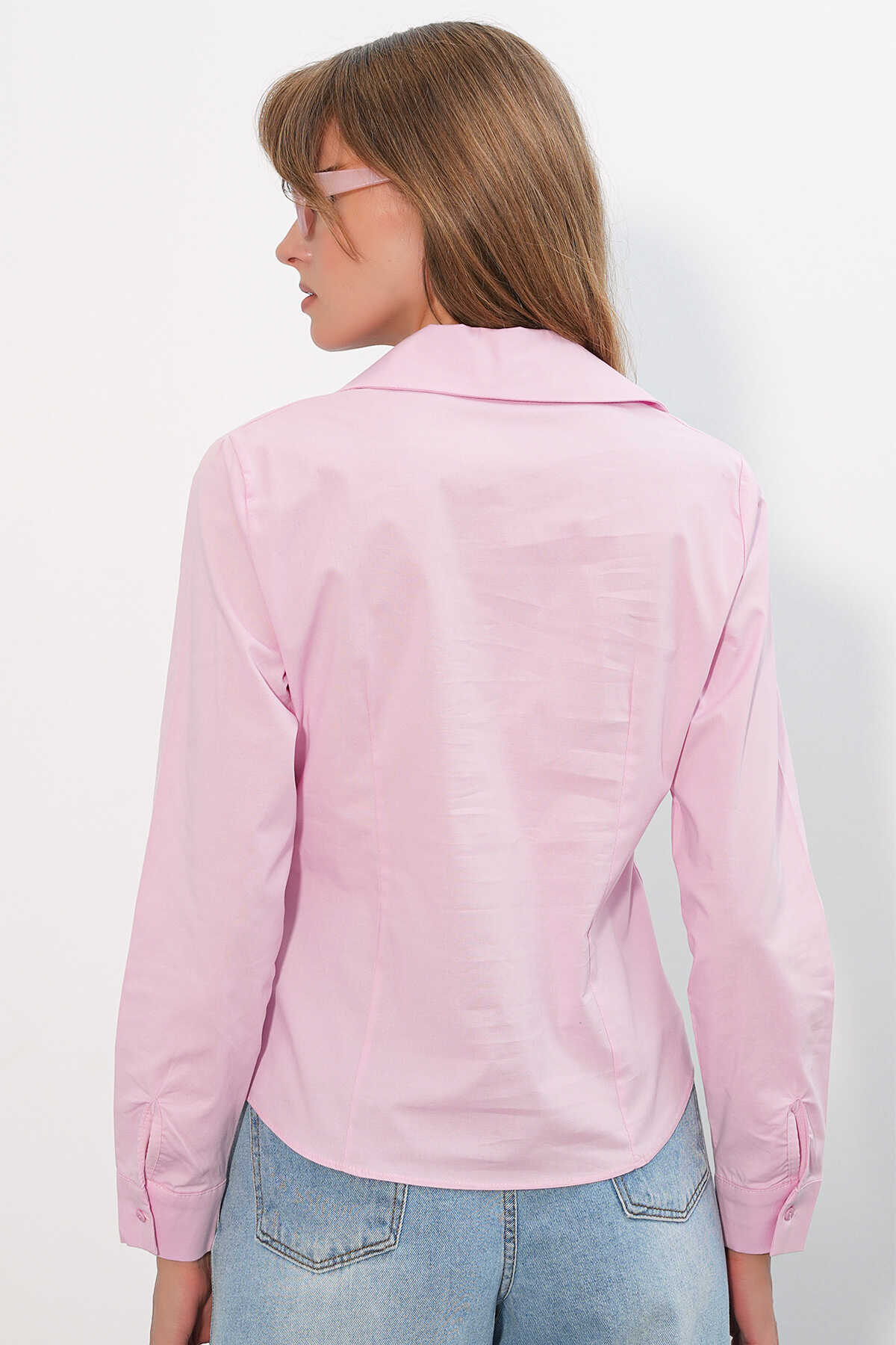 Kadın Klasik Yaka Basic Gömlek 20398 - Pembe - 6