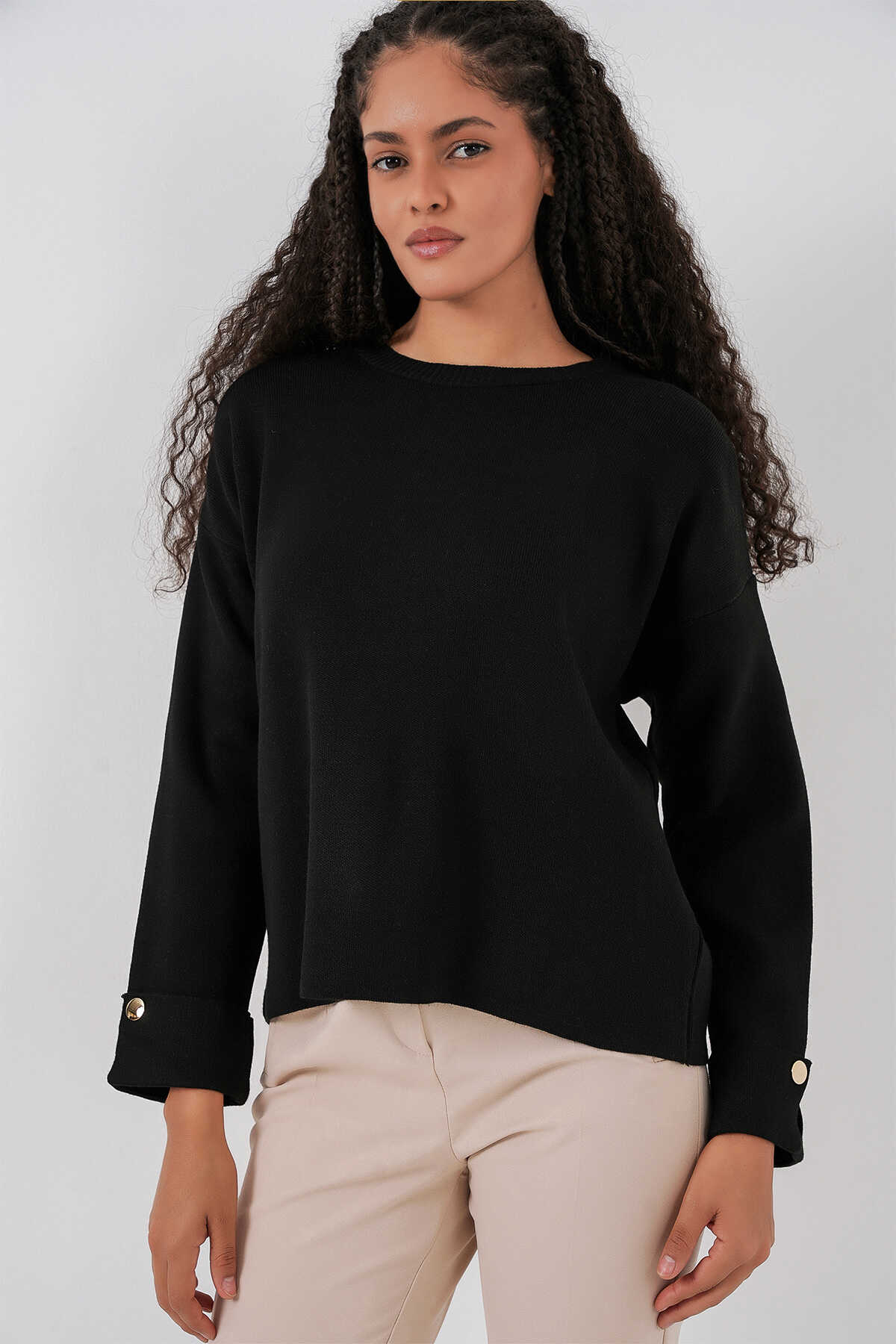 Kadın Kol Düğmeli Oversize Triko Kazak 15981 - Siyah - 1