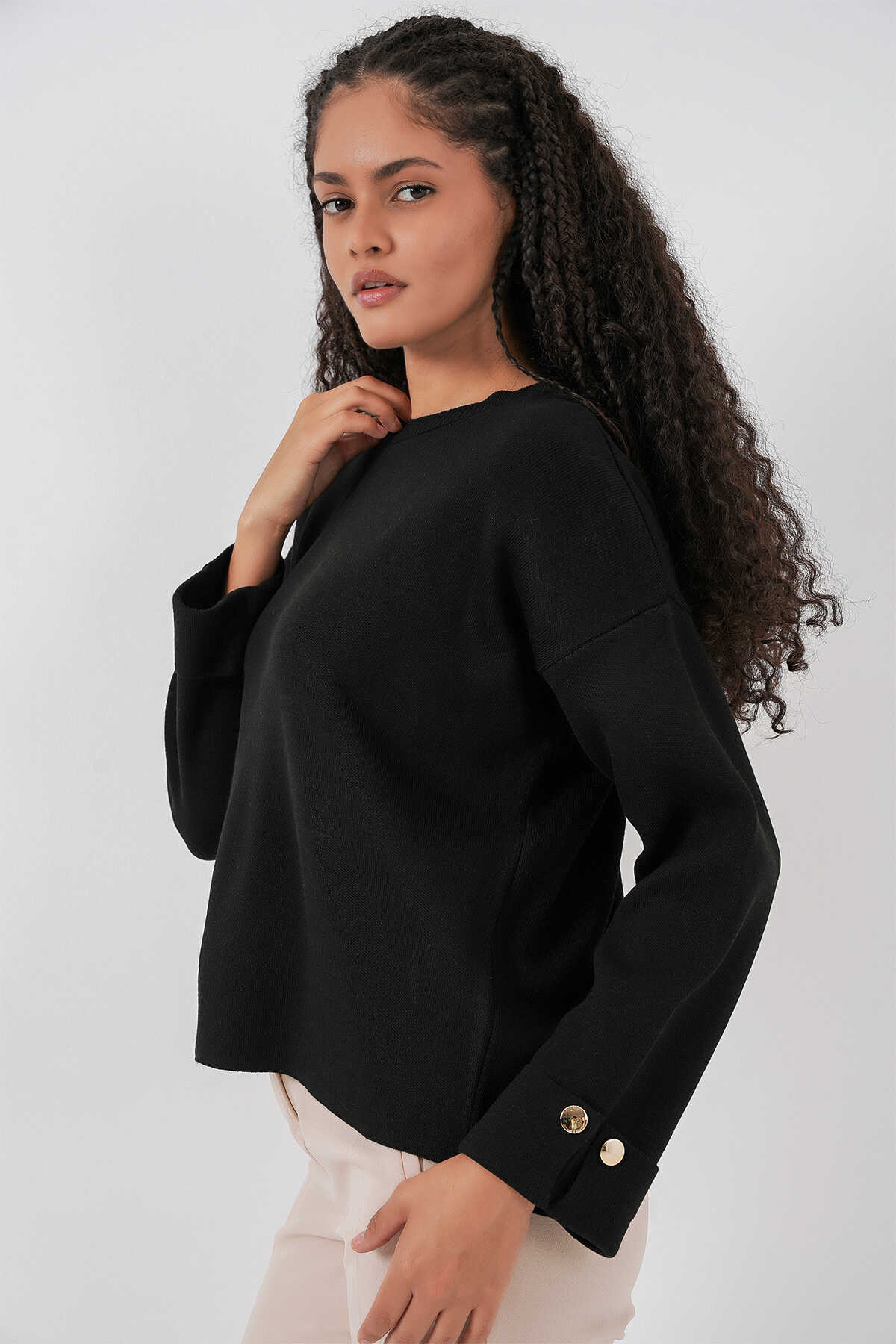 Kadın Kol Düğmeli Oversize Triko Kazak 15981 - Siyah - 4