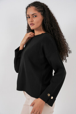 Kadın Kol Düğmeli Oversize Triko Kazak 15981 - Siyah - 4