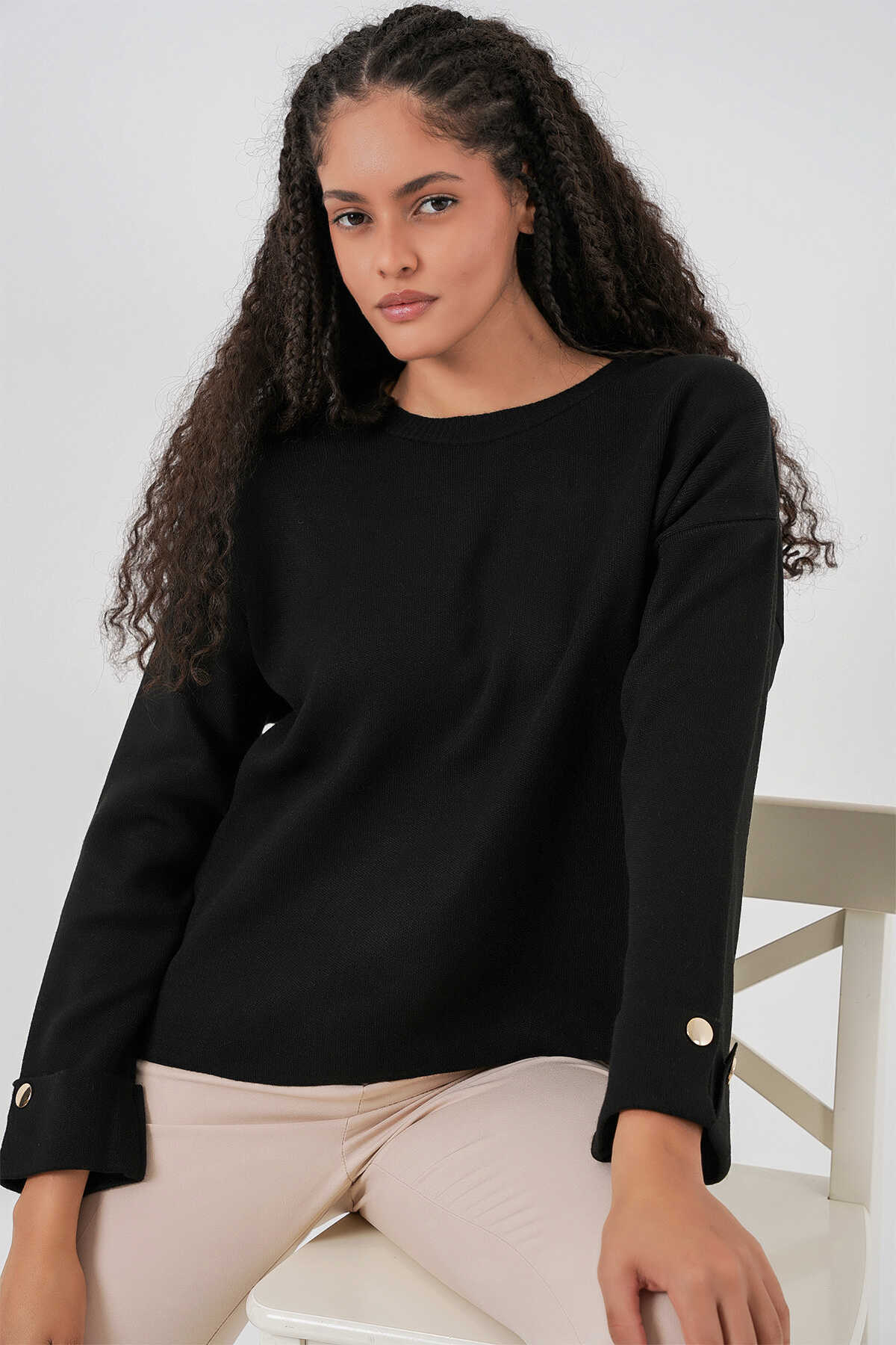 Kadın Kol Düğmeli Oversize Triko Kazak 15981 - Siyah - 5