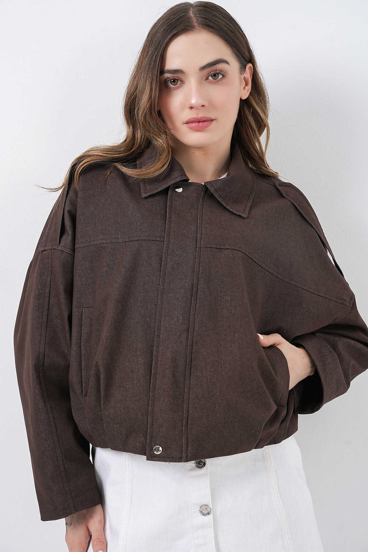 Kadın Kot Bomber Ceket 0737 - Kahverengi - BİGDART