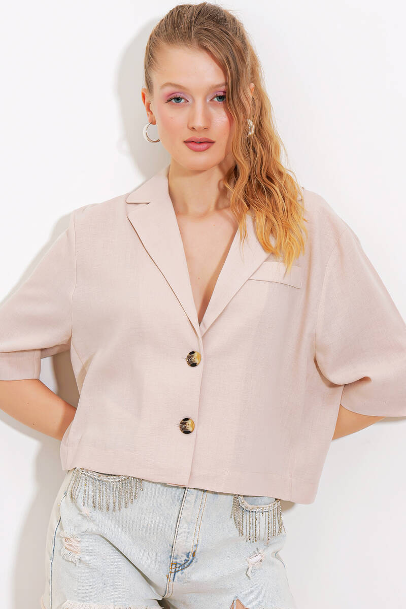Kadın Krem Çift Düğmeli Oversize Crop Keten Ceket 0706 - BİGDART