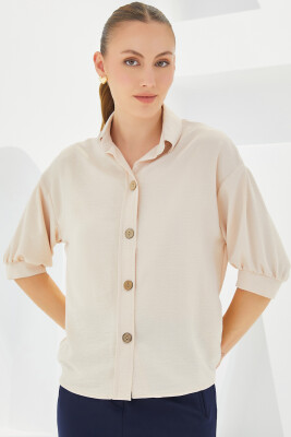 Kadın Krem Kısa Kol Oversize Keten Gömlek 20240 