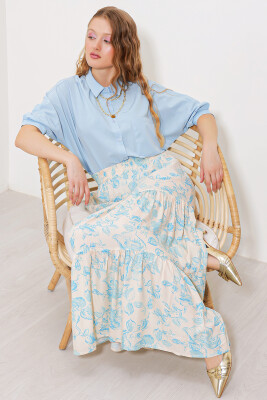 Kadın Krem Mavi Desenli Uzun Viskon Etek 1898 