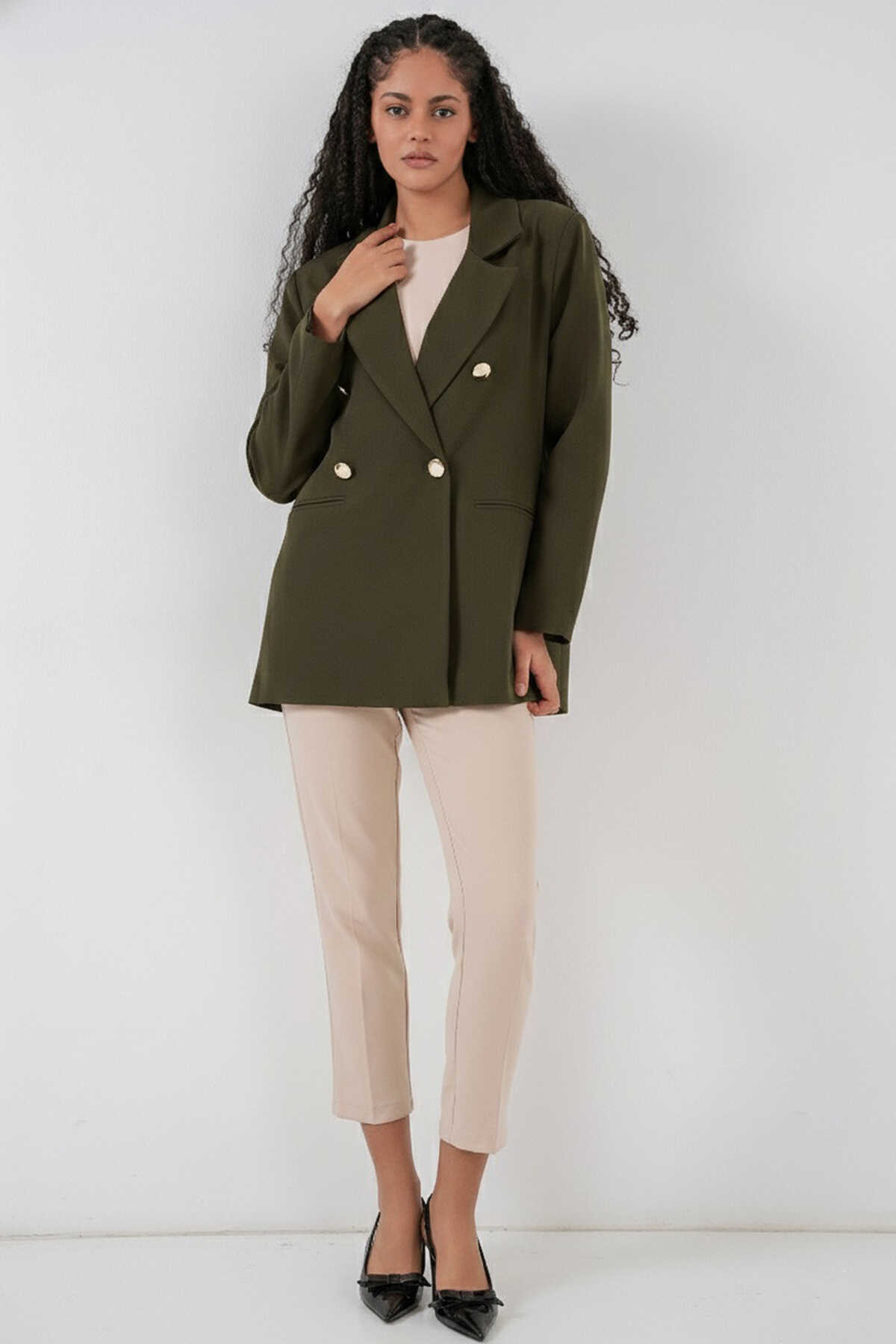 Kadın Kruvaze Yaka Blazer Ceket 0722 - Haki - 2