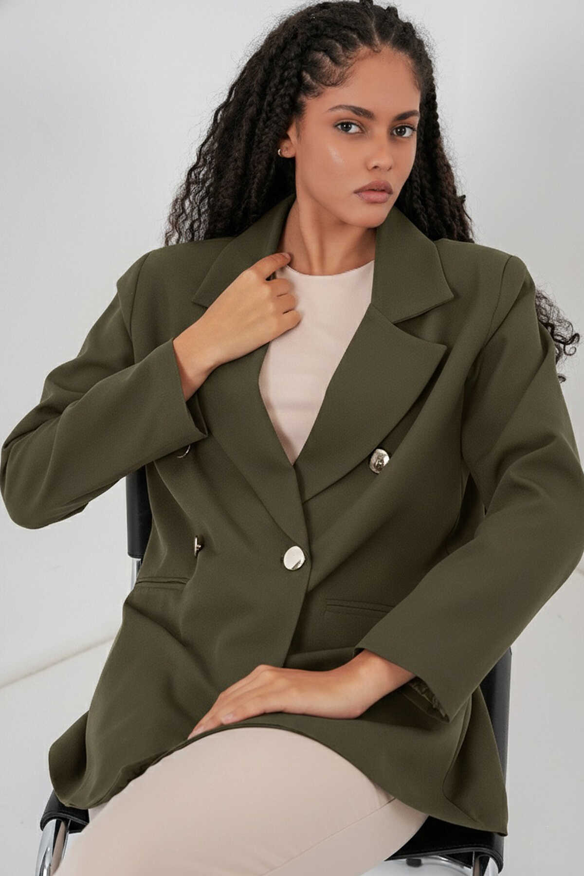 Kadın Kruvaze Yaka Blazer Ceket 0722 - Haki - 3